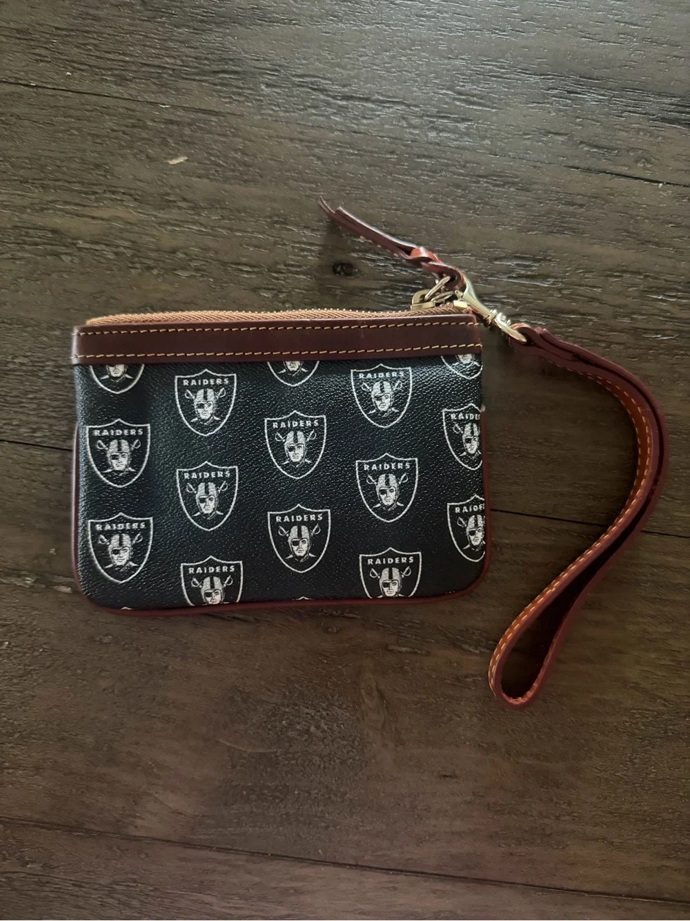 Dooney & Bourke Black Raiders Logo Wristlet with Brown Trim
